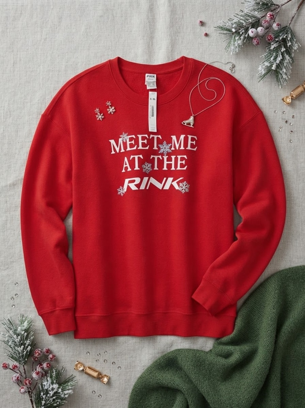 PINK Victoria's Secret Red 'Meet Me At The Rink' Crewneck Sweater